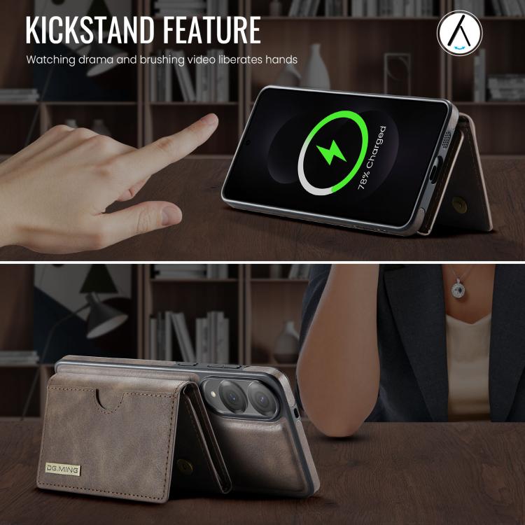 Funda de cuero extraíble para Samsung Galaxy S25 Edge 5G, serie DG.MING M6, con tarjetero RFID de tres pliegues (café)