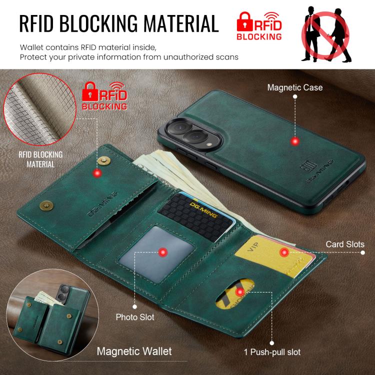 Funda de cuero extraíble con tres pliegues RFID para Samsung Galaxy S25 Edge 5G DG.MING M6 Series (verde)