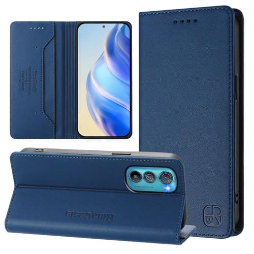 Funda de Cuero con Doble Pliegue y Succión Magnética RFID para Motorola Edge 30 Rc01 (Azul Oscuro)