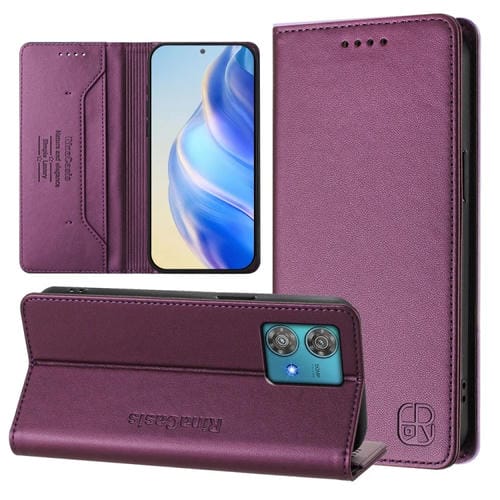 Funda de Cuero con Doble Pliegue y Succión Magnética Rfid para Motorola Edge 40 Neo Rc01 (Violeta)