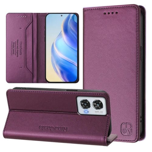 Funda de Cuero Motorola Edge 50 Fusion Rc01 con Doble Pliegue y Succión Magnética Rfid (Violeta)