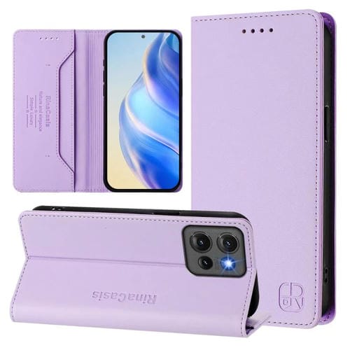 Funda de Cuero con Doble Pliegue y Succión Magnética RFID para Motorola Edge 50 Global Rc01 (Morado Claro)
