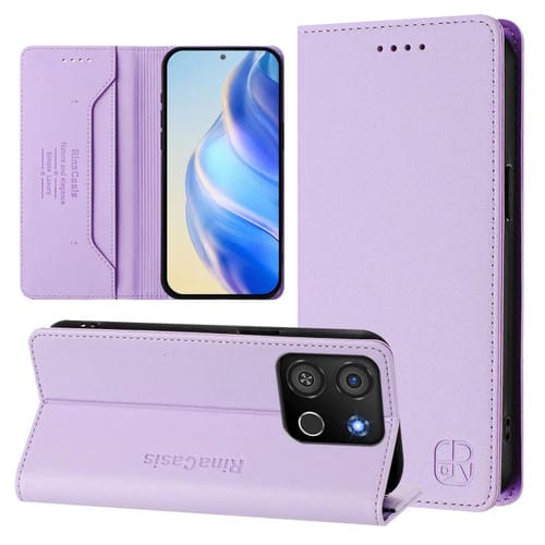 Funda de Cuero Rfid para Teléfono Itel A05S Rc01 con Doble Pliegue y Succión Magnética (Morado Claro)