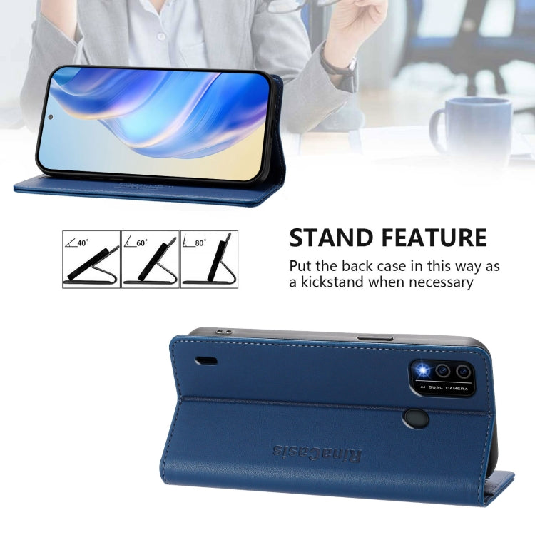 Funda de Cuero Rfid para Teléfono Itel A48 Rc01 con Doble Pliegue y Succión Magnética (Azul Oscuro)