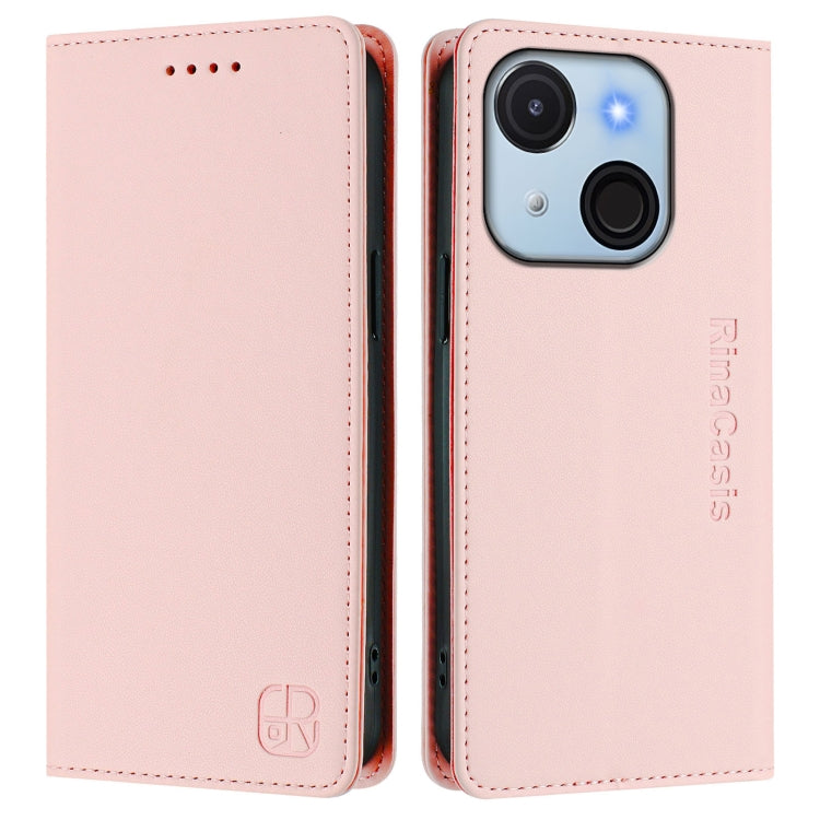 Funda de Cuero Rfid para Teléfono Itel A50C Rc01 con Doble Pliegue y Succión Magnética (Rosa)