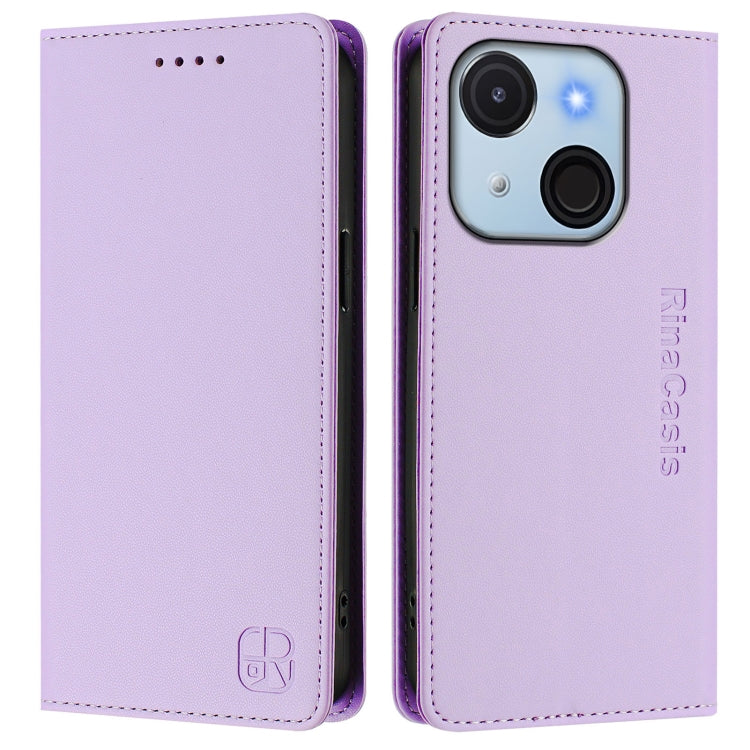Funda de Cuero Rfid para Teléfono Itel A50C Rc01 con Doble Pliegue y Succión Magnética (Morado Claro)