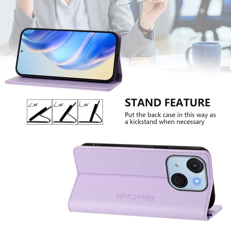 Funda de Cuero Rfid para Teléfono Itel A50C Rc01 con Doble Pliegue y Succión Magnética (Morado Claro)