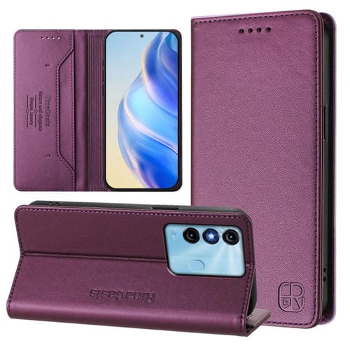 Funda de Cuero Rfid para Teléfono Itel P38/S17/Vision 3 Rc01 con Doble Pliegue y Succión Magnética (Violeta)