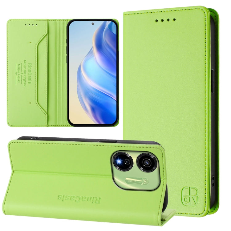 Funda de Cuero Rfid para Teléfono Itel P55 5G Rc01 con Doble Pliegue y Succión Magnética (Verde Hierba)
