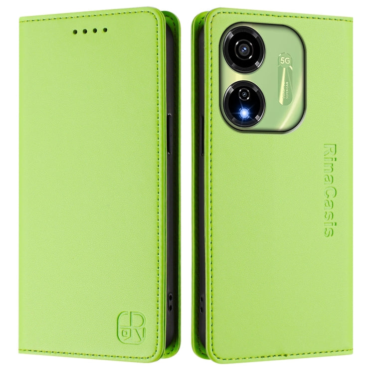 Funda de Cuero Rfid para Teléfono Itel P55 5G Rc01 con Doble Pliegue y Succión Magnética (Verde Hierba)