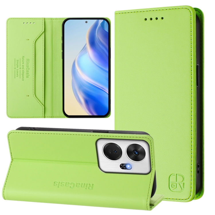 Funda de Cuero Rfid para Teléfono Itel P55+ Rc01 con Doble Pliegue y Succión Magnética (Verde Hierba)