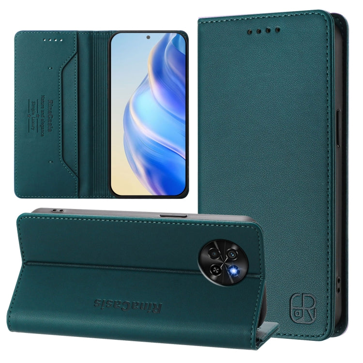 Funda de Cuero Rfid para Teléfono Itel S23/S665L Rc01 con Doble Pliegue y Succión Magnética (Verde Oscuro)