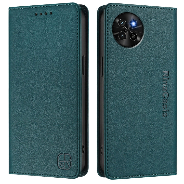 Funda de Cuero Rfid para Teléfono Itel S23/S665L Rc01 con Doble Pliegue y Succión Magnética (Verde Oscuro)