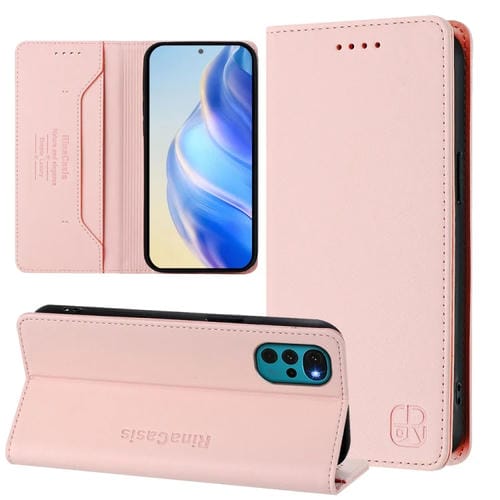 Funda de Cuero Motorola Moto G22/E32/E32S Rc01 con Doble Pliegue y Succión Magnética (Rosa)