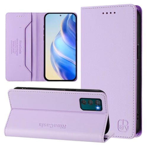 Funda de Cuero Rfid con Succión Magnética y Doble Pliegue para Motorola Moto G42 Rc01 (Morado Claro)