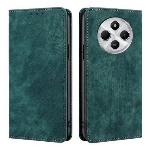 Funda de Cuero Magnética con Cepillo Antirrobo Rfid para Redmi 14C 4G (Verde)