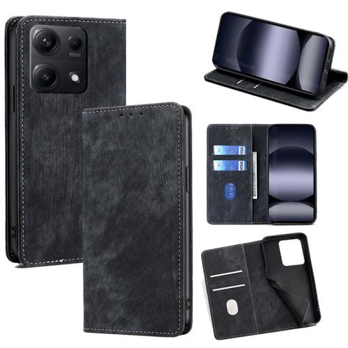 Funda de cuero magnética con cepillo y antirrobo RFID para Redmi Note 14S 4G (negra)