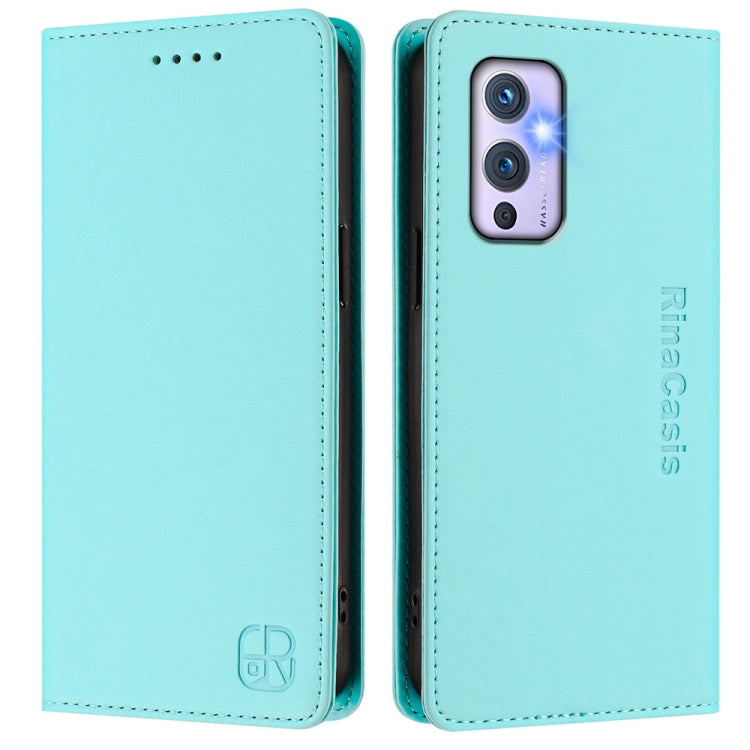Funda de Cuero con Doble Pliegue y Succión Magnética RFID para OnePlus 9 Rc01 (Verde Menta)