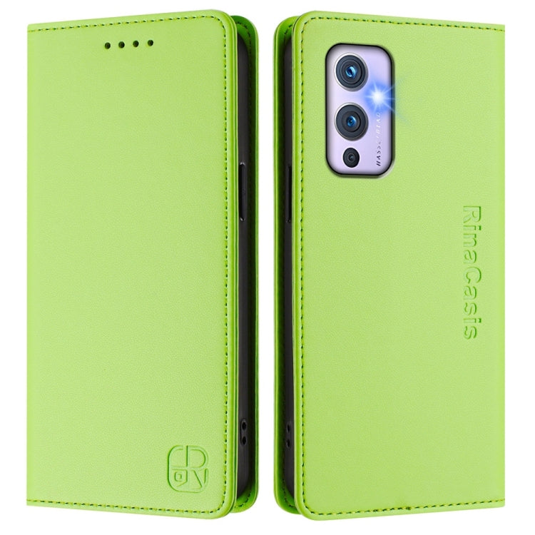 Funda de Cuero con Doble Pliegue y Succión Magnética Rfid para OnePlus 9 Rc01 (Verde Hierba)
