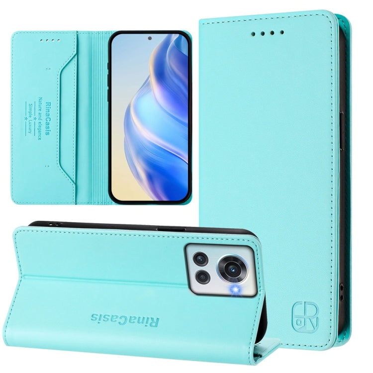 Funda de Cuero Rfid con Doble Pliegue y Succión Magnética para OnePlus 10R/OnePlus Ace Rc01 (Verde Menta)