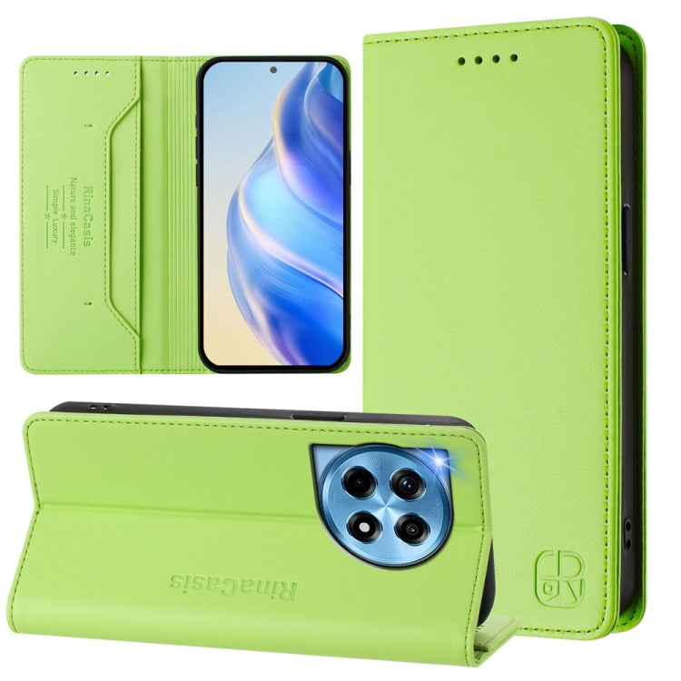 Funda de Cuero con Doble Pliegue y Succión Magnética RFID para OnePlus 12 Global Rc01 (Verde Hierba)