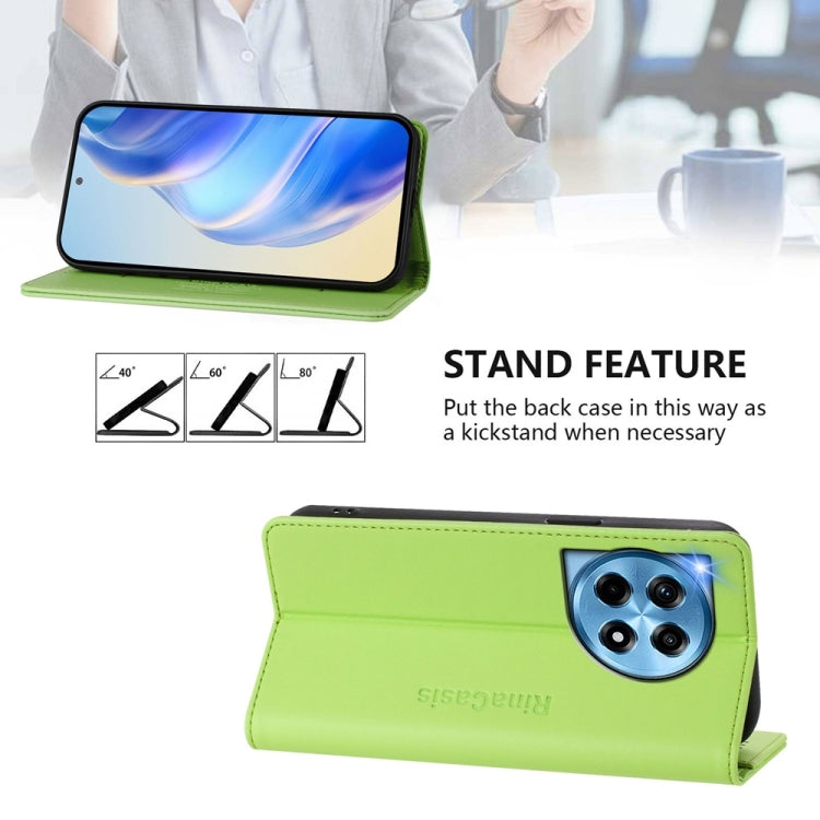 Funda de Cuero con Doble Pliegue y Succión Magnética RFID para OnePlus 12 Global Rc01 (Verde Hierba)