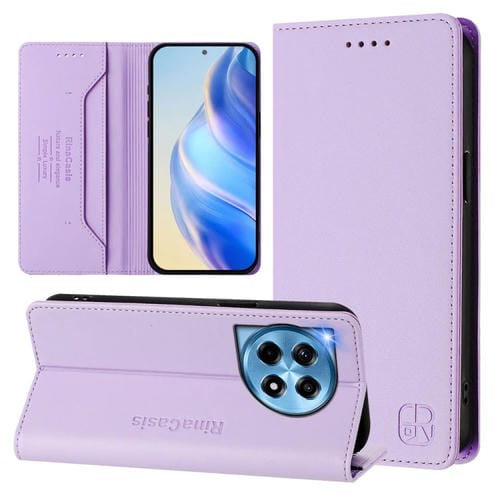Funda de Cuero con Doble Pliegue y Succión Magnética RFID para OnePlus 12 Global Rc01 (Morado Claro)