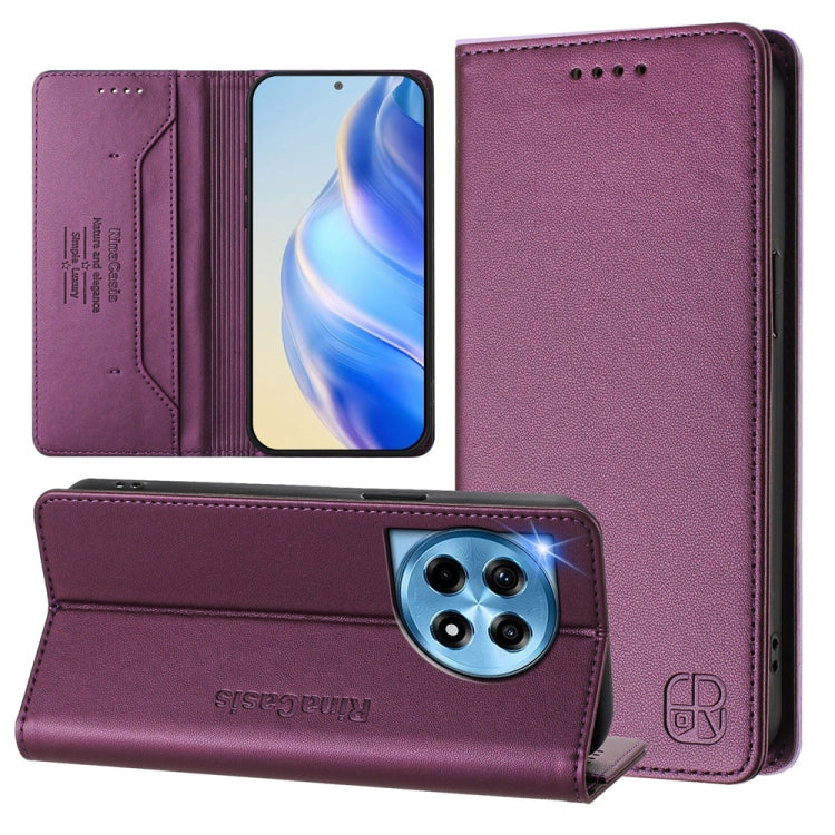 Funda de Cuero con Doble Pliegue y Succión Magnética RFID para OnePlus 12 Global Rc01 (Violeta)