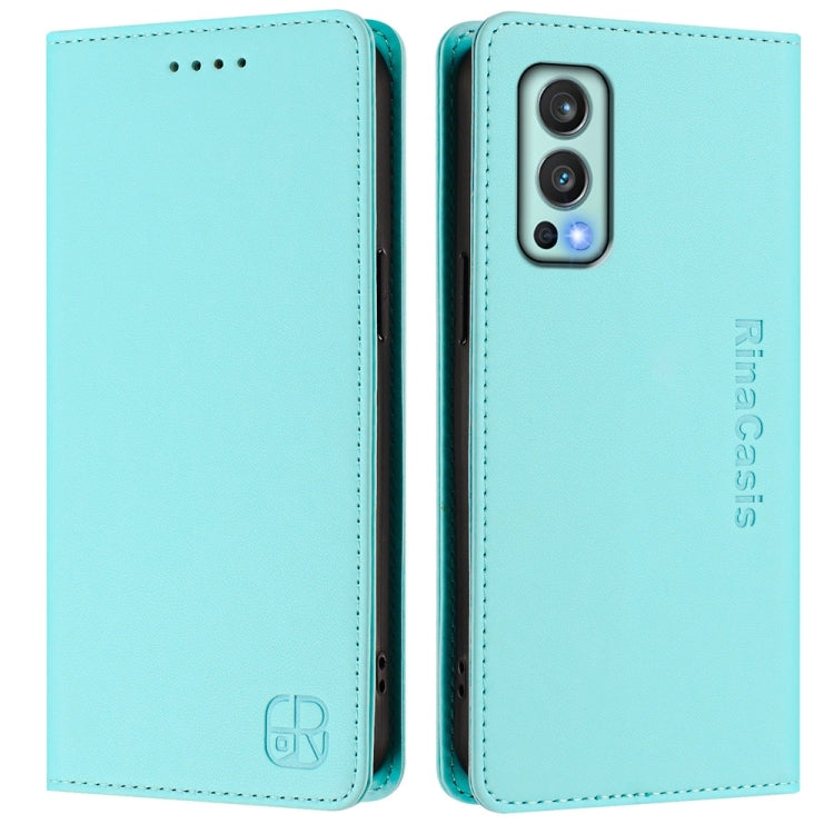 Funda de Cuero con Doble Pliegue y Succión Magnética RFID para OnePlus Nord 2 5G Rc01 (Verde Menta)