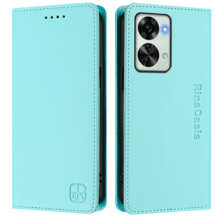 Funda de Cuero con Doble Pliegue y Succión Magnética Rfid para OnePlus Nord 2T Rc01 (Verde Menta)