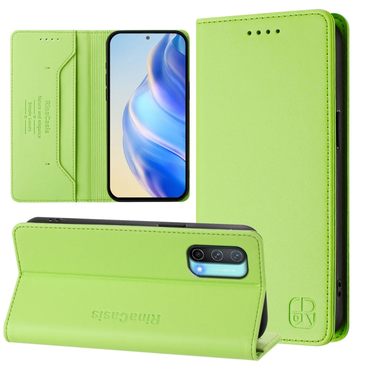 Funda de Cuero con Doble Pliegue y Succión Magnética RFID para OnePlus Nord CE 5G RC01 (Verde Hierba)