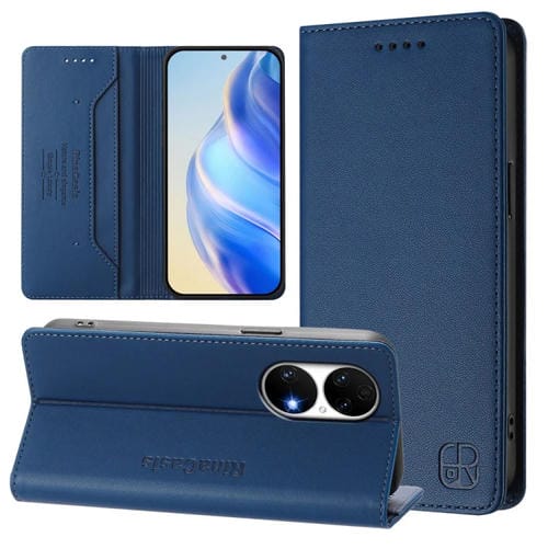 Funda de Cuero con Doble Pliegue y Succión Magnética Rfid para Huawei P50 Rc01 (Azul Oscuro)