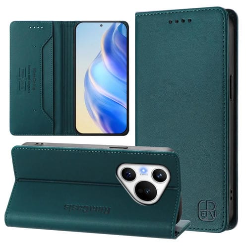 Funda de Cuero con Doble Pliegue y Succión Magnética Rfid para Huawei Pura 70 Rc01 (Verde Oscuro)
