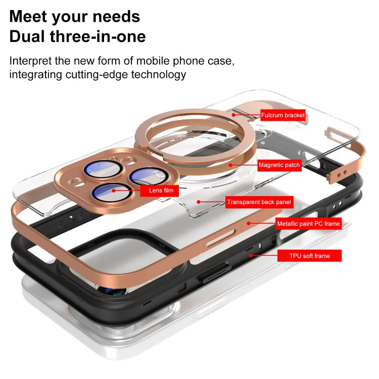 Funda para Teléfono Transparente con Soporte Magsafe y Película de Cobertura Total para iPhone 15 (Negro y Dorado)
