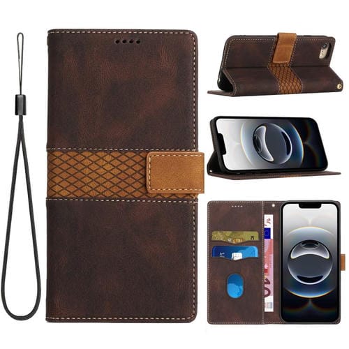 Funda de Cuero para iPhone 16E con Costuras de Cuadrícula y Cordón (Marrón)