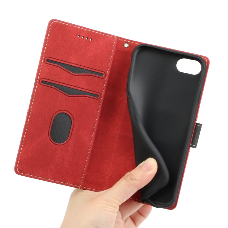 Funda de Cuero para iPhone 16E con Costuras En Cuadrícula y Cordón (Rojo)