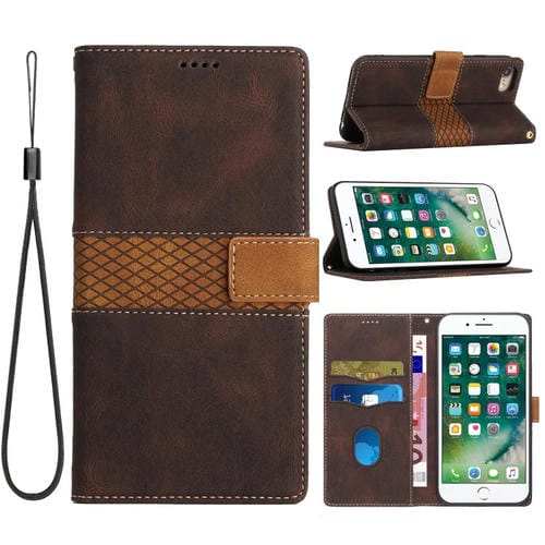 Funda de Cuero para iPhone Se 2022/2020 con Costuras de Cuadrícula y Cordón (Marrón)