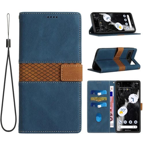 Funda de Cuero para Google Pixel 7 con Costuras en Cuadrícula y Cordón (Azul)