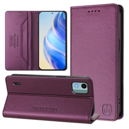 Funda de Cuero Rfid con Doble Pliegue y Succión Magnética para Nokia C12 Rc01 (Violeta)
