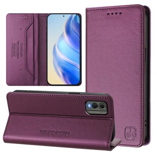 Funda de Cuero Rfid con Doble Pliegue y Succión Magnética para Nokia C32 Rc01 (Violeta)