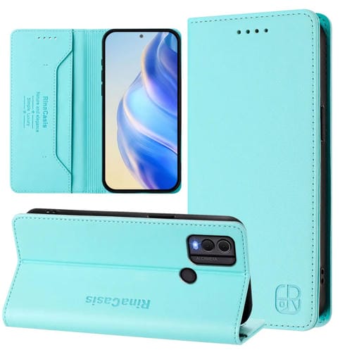 Funda de Cuero Rfid con Doble Pliegue y Succión Magnética para Nokia C22 Rc01 (Verde Menta)