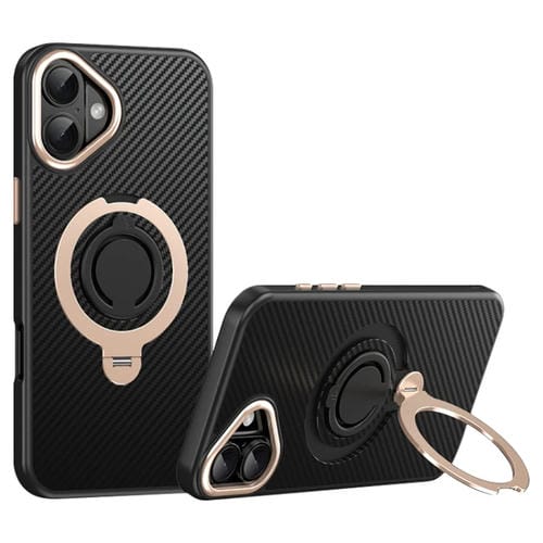 Funda de Teléfono Magsafe Fibra de Carbono para iPhone 16 Plus con Soporte Giratorio 360 (Oro Negro)
