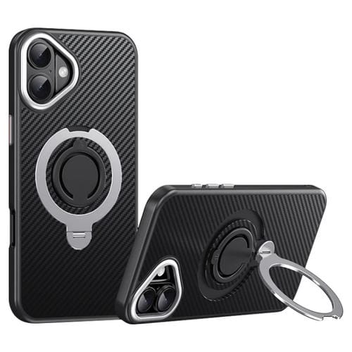 Funda de teléfono Magsafe Fibra de Carbono para iPhone 16 con Soporte Giratorio de 360 grados (Negro y Plateado)