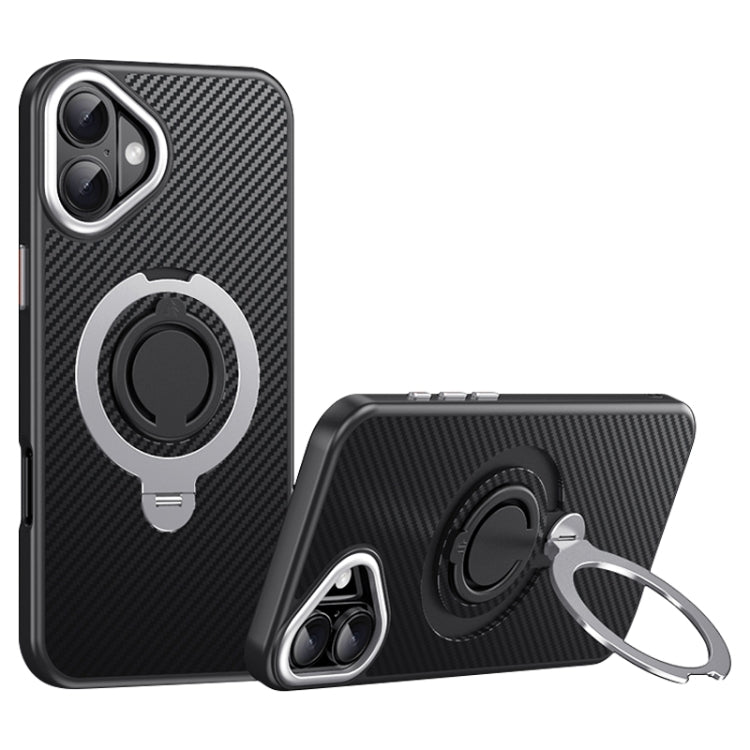 Funda de teléfono Magsafe Fibra de Carbono para iPhone 16 con Soporte Giratorio de 360 grados (Negro y Plateado)