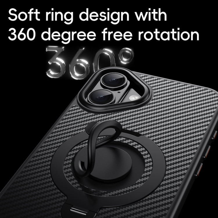 Funda de teléfono Magsafe Fibra de Carbono para iPhone 16 con Soporte Giratorio de 360 grados (Negro y Plateado)