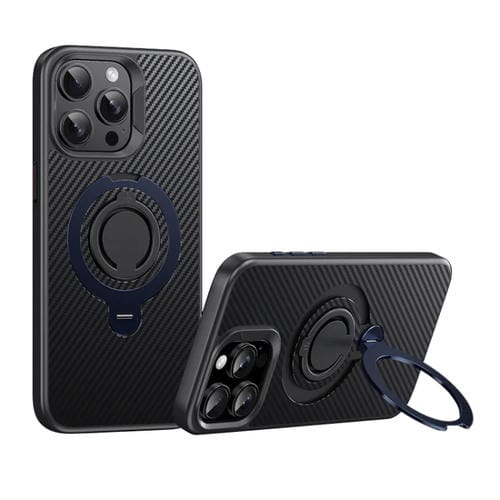 Funda de Teléfono Magsafe Fibra de Carbono iPhone 15 Pro Soporte Giratorio 360 (Negro y Azul)