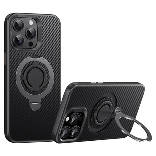 Funda de Teléfono Magsafe Fibra de Carbono para iPhone 13 Pro Max con Soporte Giratorio 360 (Negro y Gris)