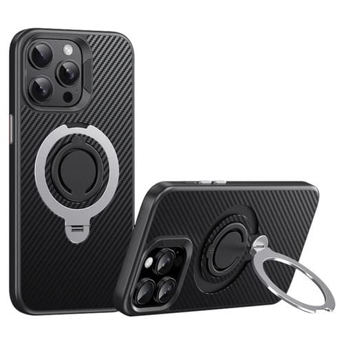 Funda de Teléfono Magsafe Fibra de Carbono para iPhone 12 Pro Max Soporte Giratorio 360 (Negro Plateado)