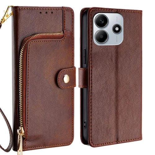 Funda de Cuero con Cremallera para Redmi Note 14 5G (Marrón)