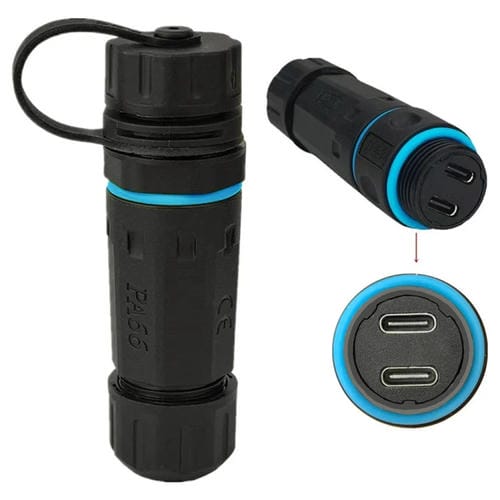 Adaptador Acoplador Recto Hembra a Hembra Tipo C de Dos Puertos Resistente al Agua IP68 10 Gbps con Cubierta Protectora